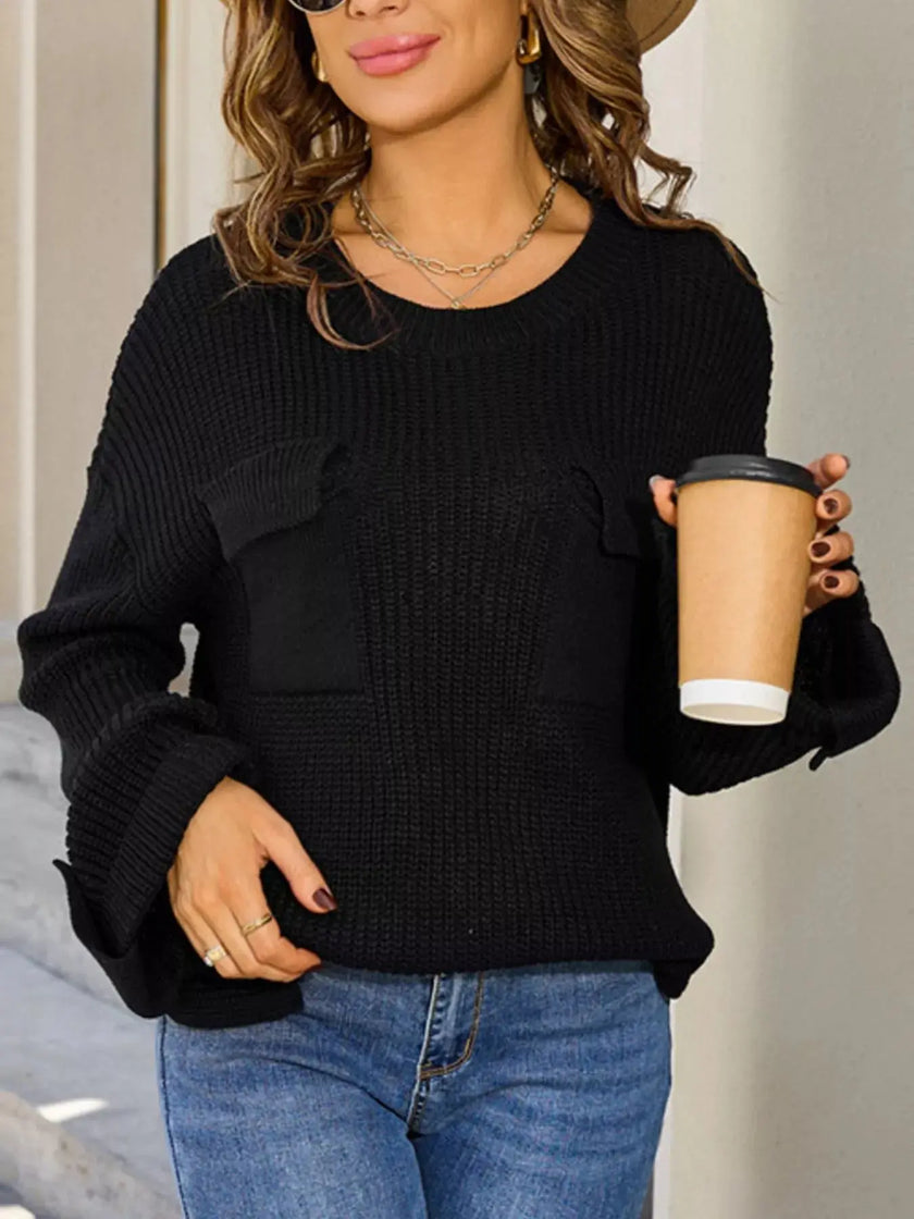 Pocket Detail Round Neck Sweater  Style Ratio