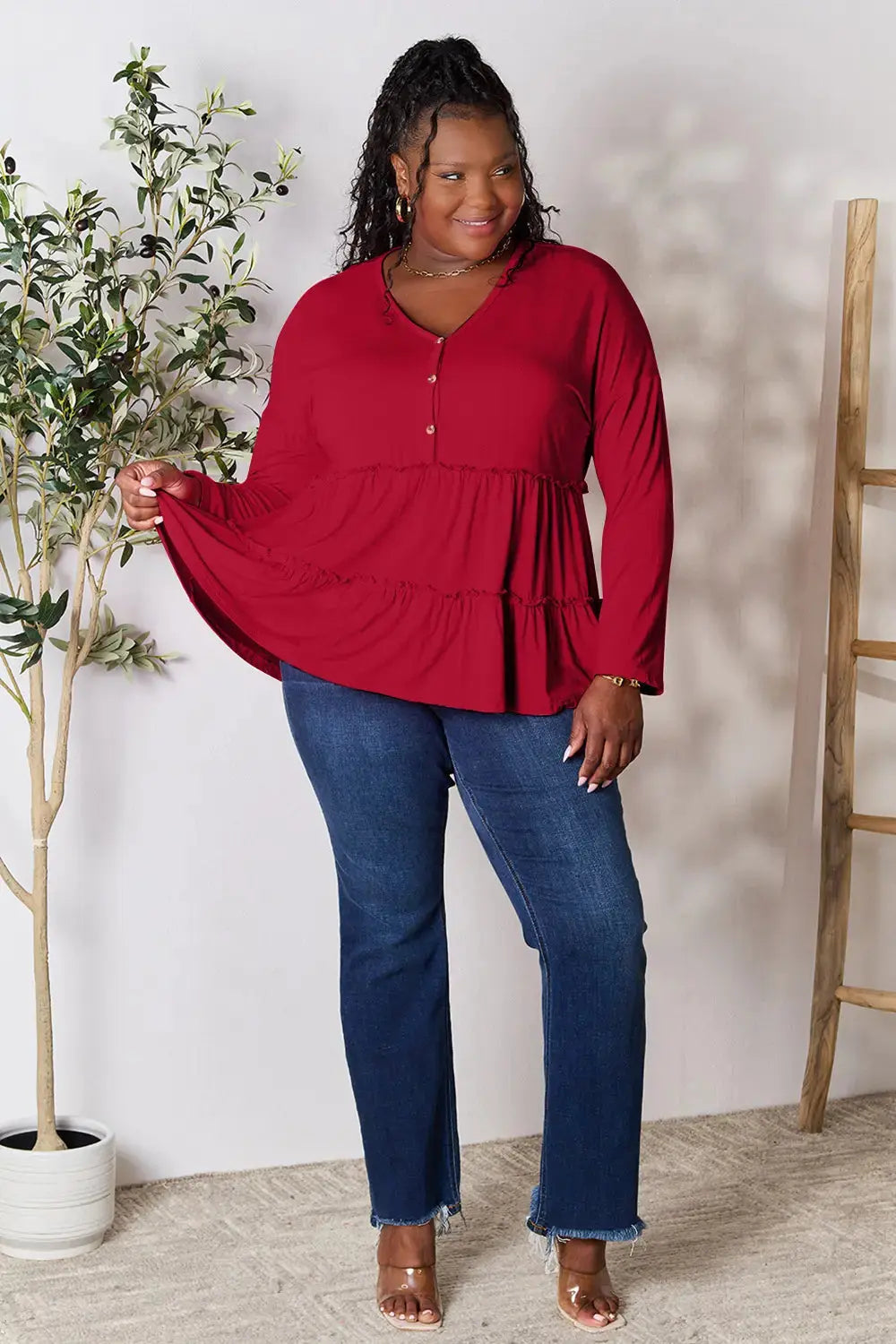 Double Take Half Button Long Sleeve Ruffle Hem Blouse  Style Ratio
