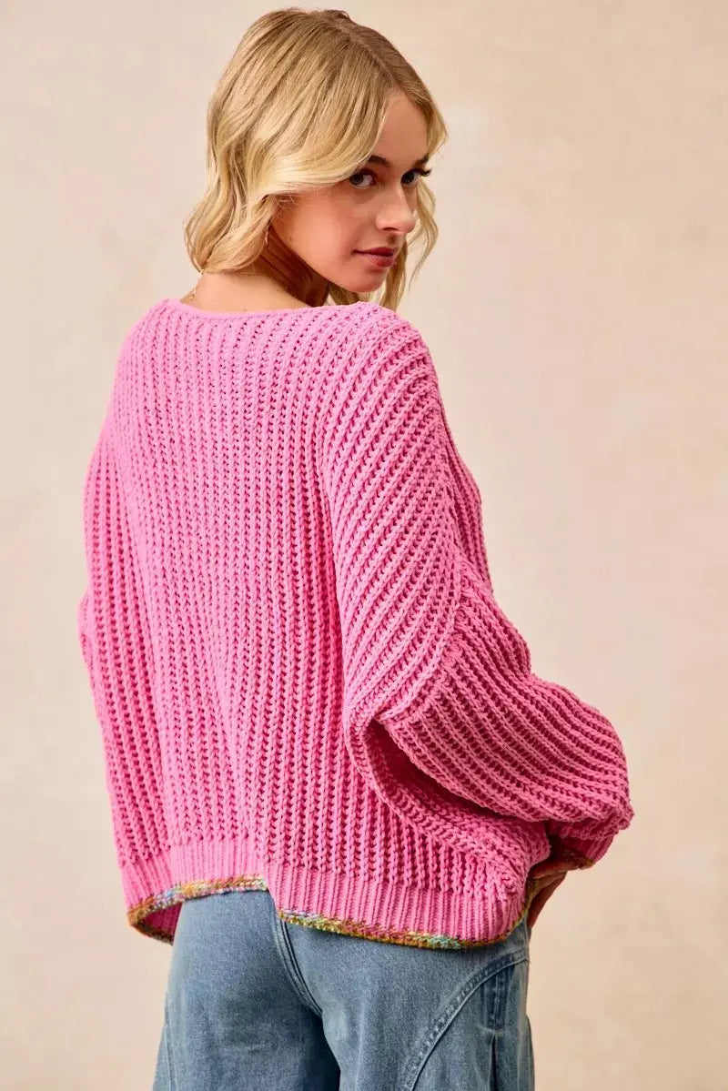 BiBi V Neck Sweater with Colorful Trim  Style Ratio
