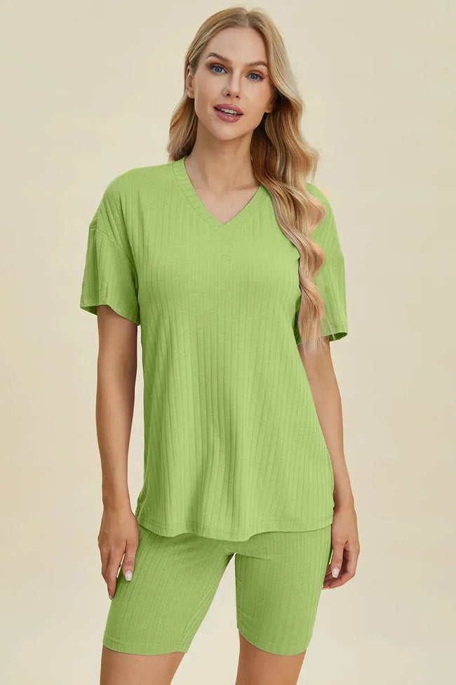 Basic Bae Full Size Ribbed V-Neck Short Sleeve Top and Shorts Loungewear  Style Ratio