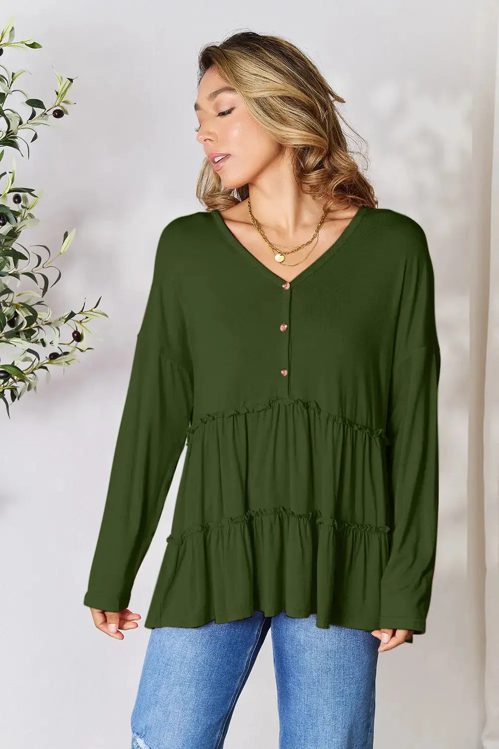 Double Take Half Button Long Sleeve Ruffle Hem Blouse  Style Ratio