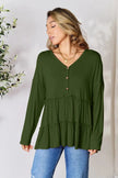 Double Take Half Button Long Sleeve Ruffle Hem Blouse  Style Ratio