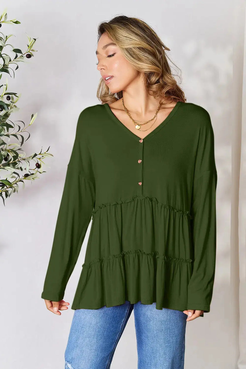 Double Take Half Button Long Sleeve Ruffle Hem Blouse  Style Ratio