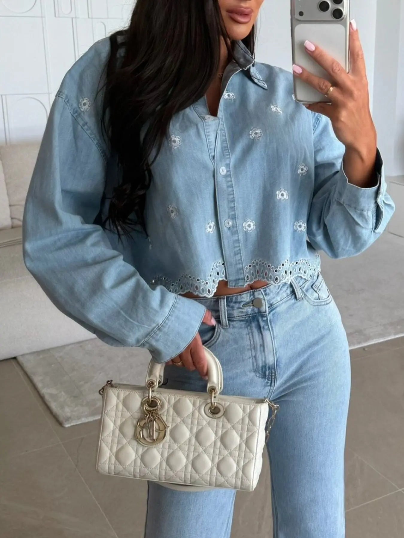 Embroidered Cropped Denim Shirt  Style Ratio