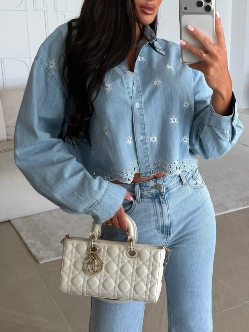 Embroidered Cropped Denim Shirt  Style Ratio