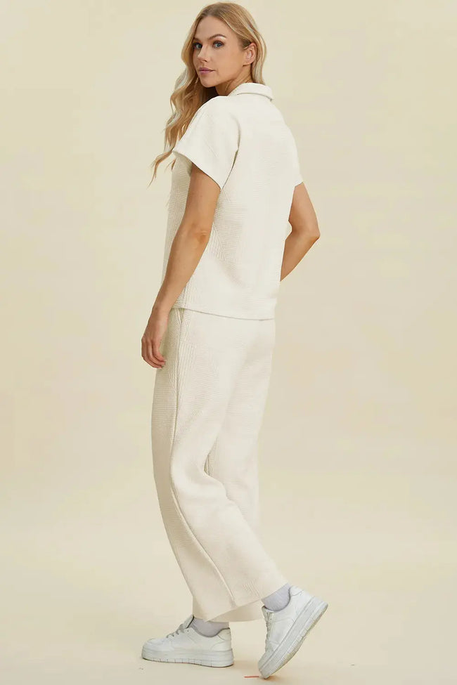 Double Take Collared Neck Short Sleeve Top and Pants Set  Style Ratio