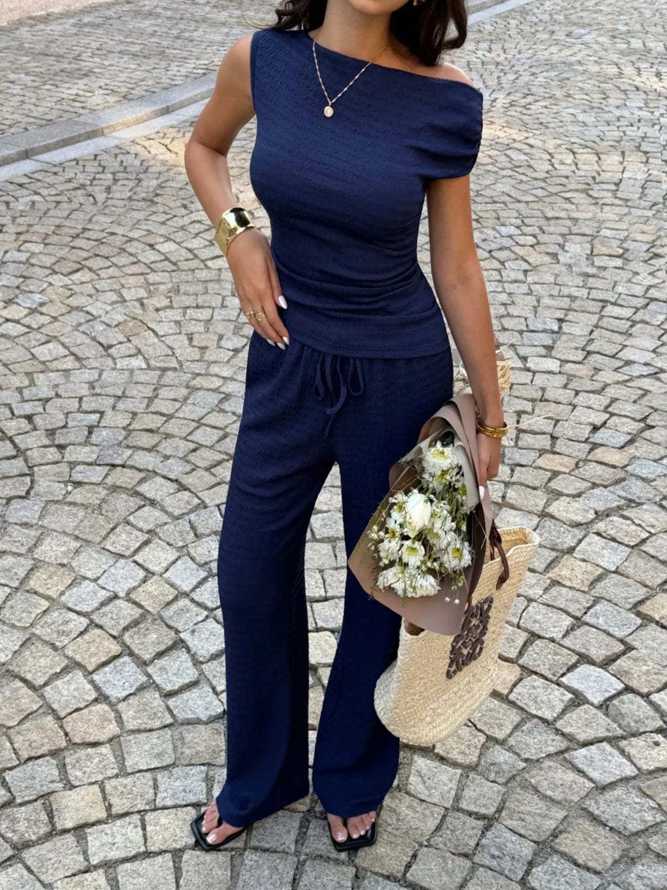 Asymmetrical Neck Top and Pants Set  Style Ratio