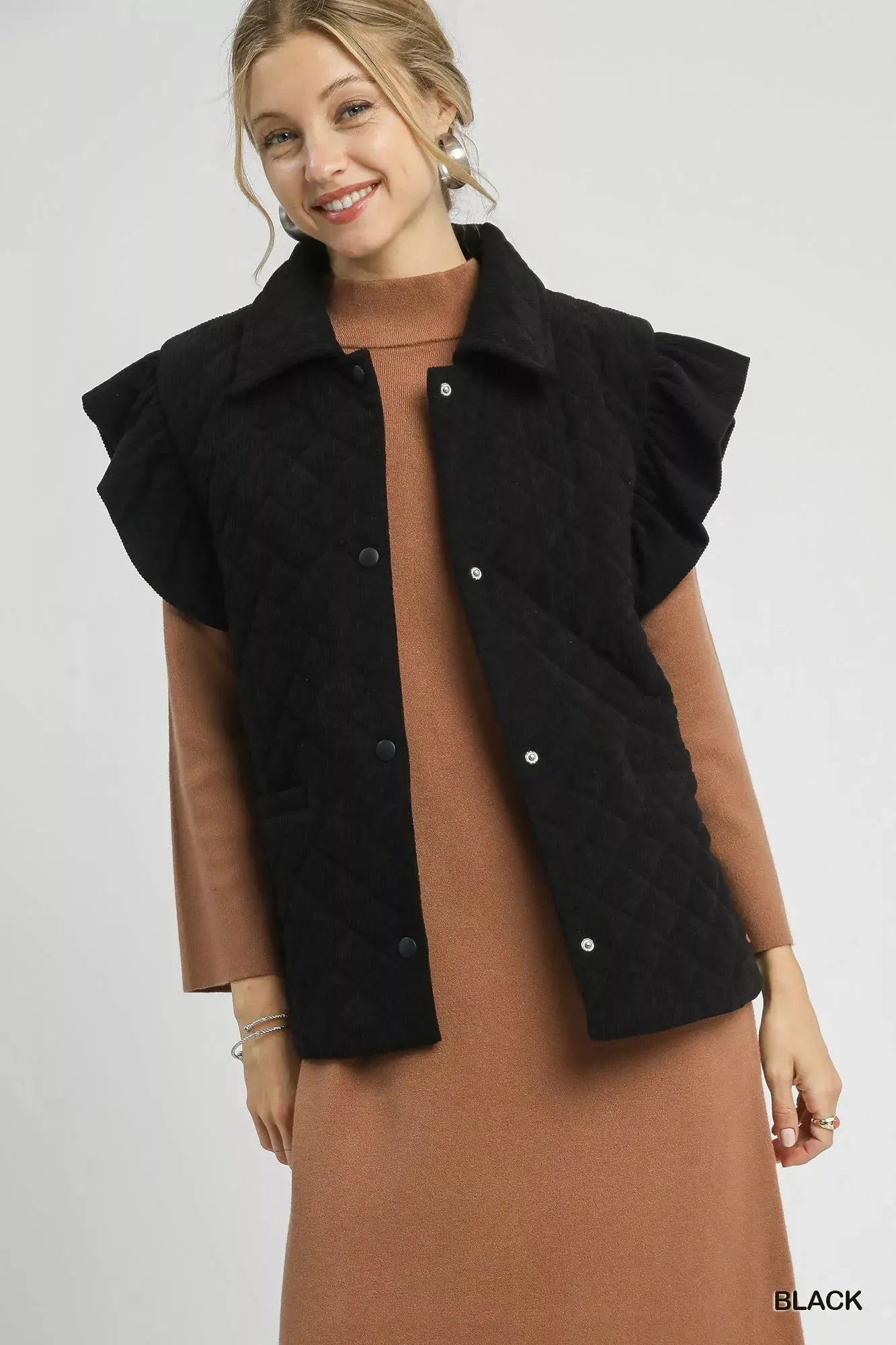 Umgee Corduroy Quilted Ruffle Sleeve Vest  Style Ratio