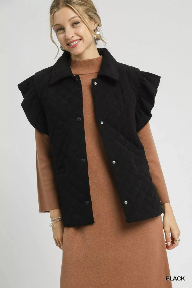 Umgee Corduroy Quilted Ruffle Sleeve Vest  Style Ratio