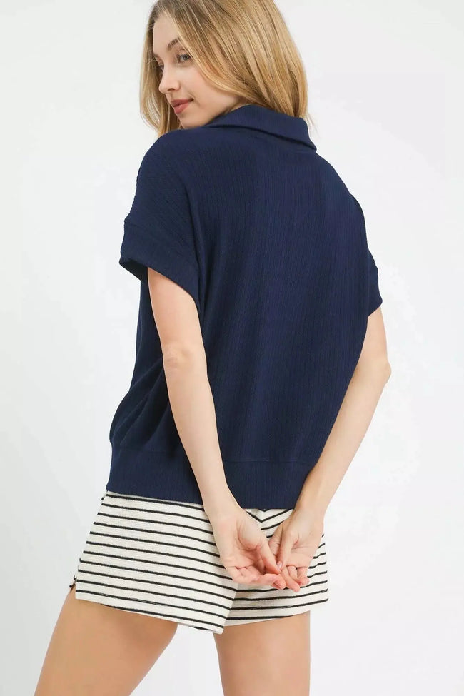 Umgee Textured Striped Zip Collar Top  Style Ratio
