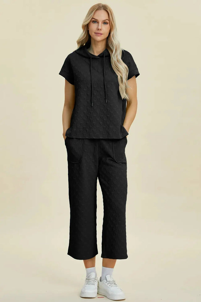 Double Take Texture Drawstring Short Sleeve Hoodie and Pocketed Pants Set  Style Ratio