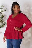 Double Take Half Button Long Sleeve Ruffle Hem Blouse  Style Ratio