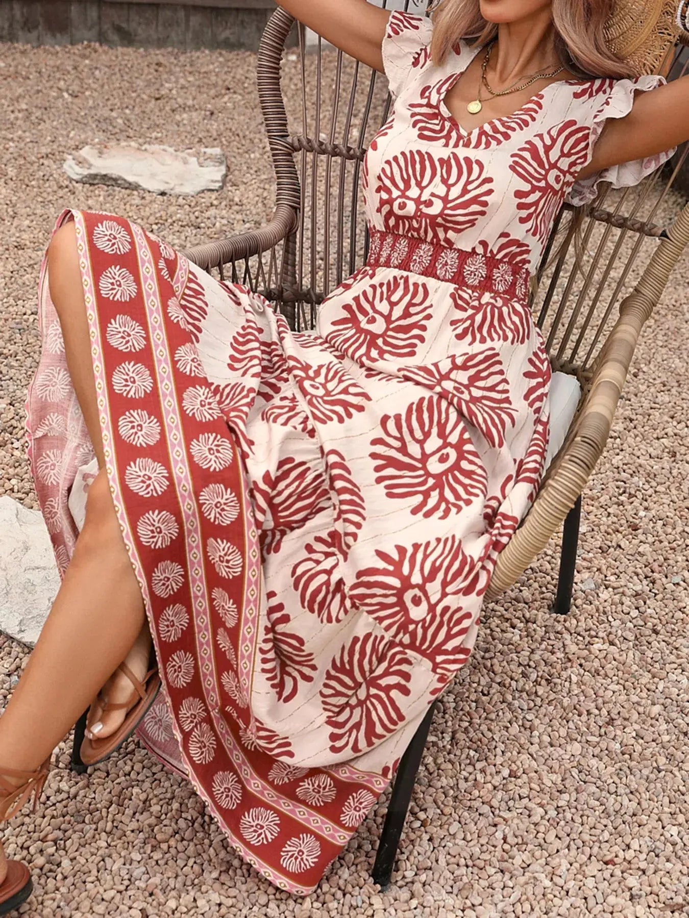 Printed V-Neck Cap Sleeve Dress  Style Ratio