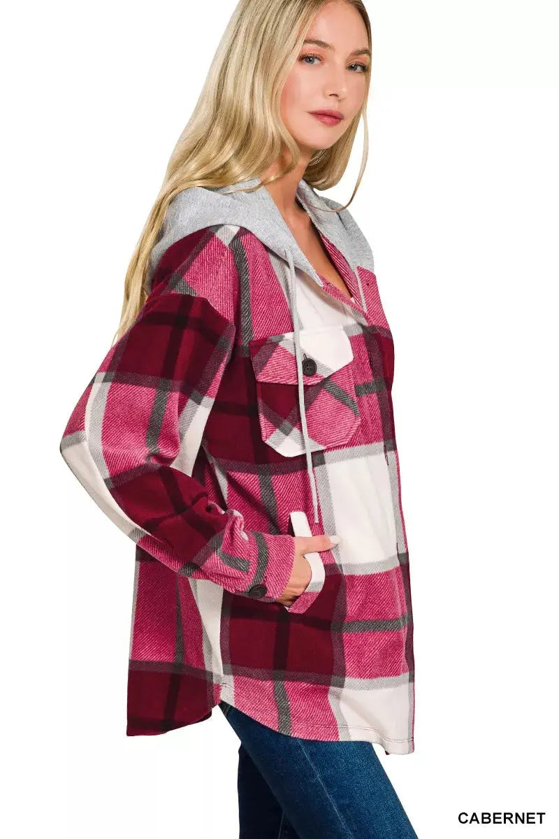 Zenana Plaid Drawstring Hooded Fleece Shacket  Style Ratio