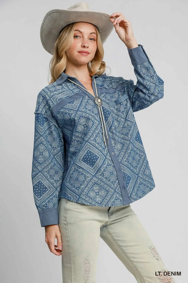 Umgee Paisley Print Denim Shacket  Style Ratio