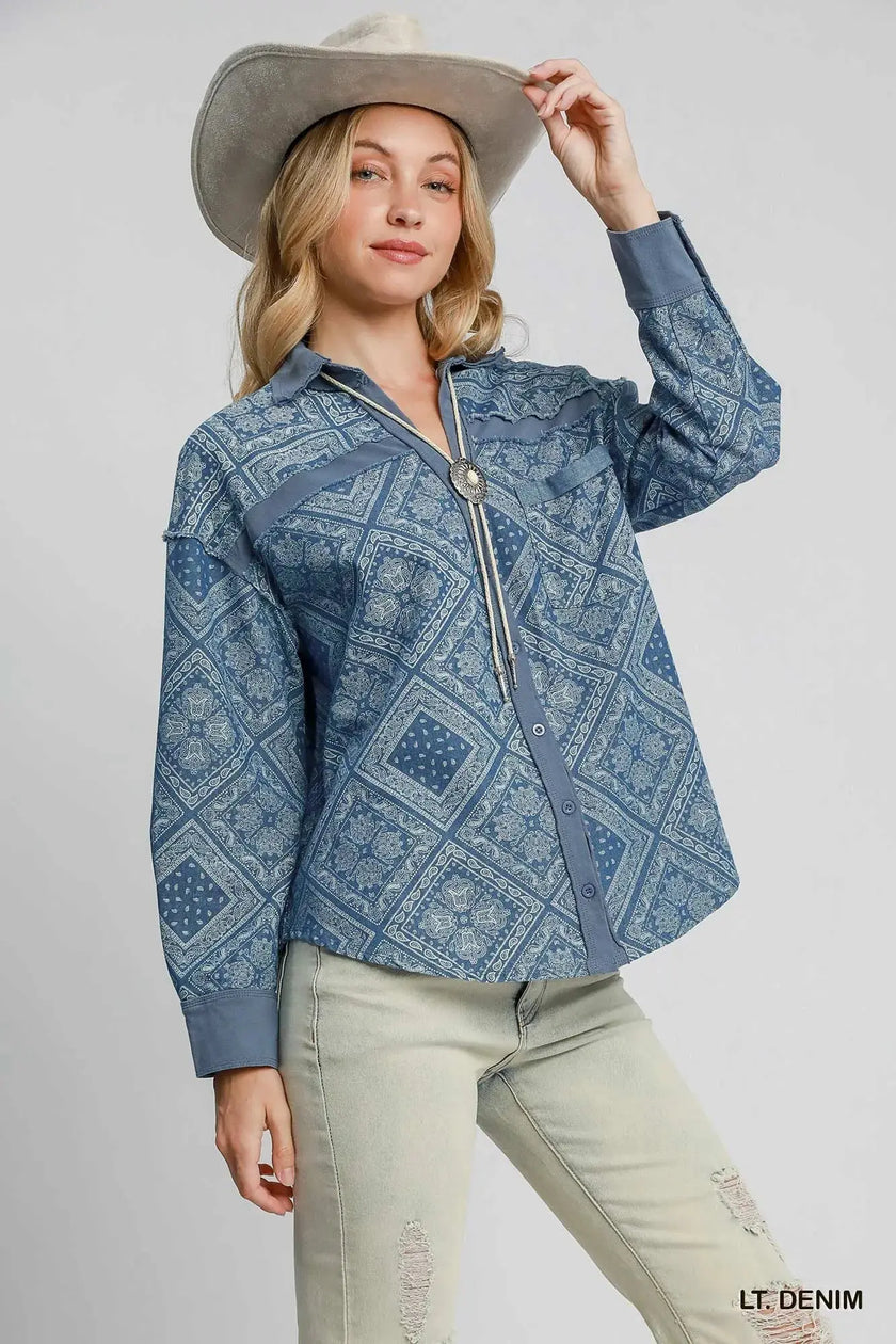 Umgee Paisley Print Denim Shacket  Style Ratio