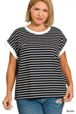 Zenana Full Size Contrast Trim Cap Sleeve Stripe Sweater  Style Ratio