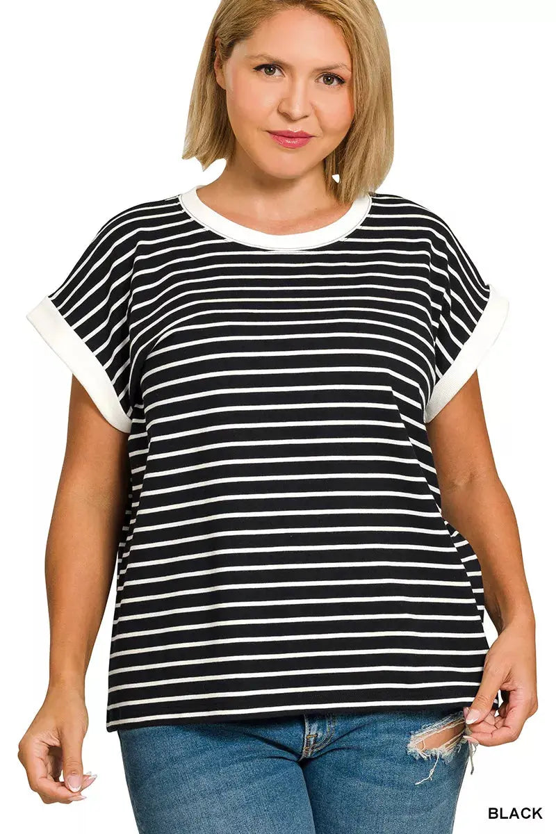 Zenana Full Size Contrast Trim Cap Sleeve Stripe Sweater  Style Ratio