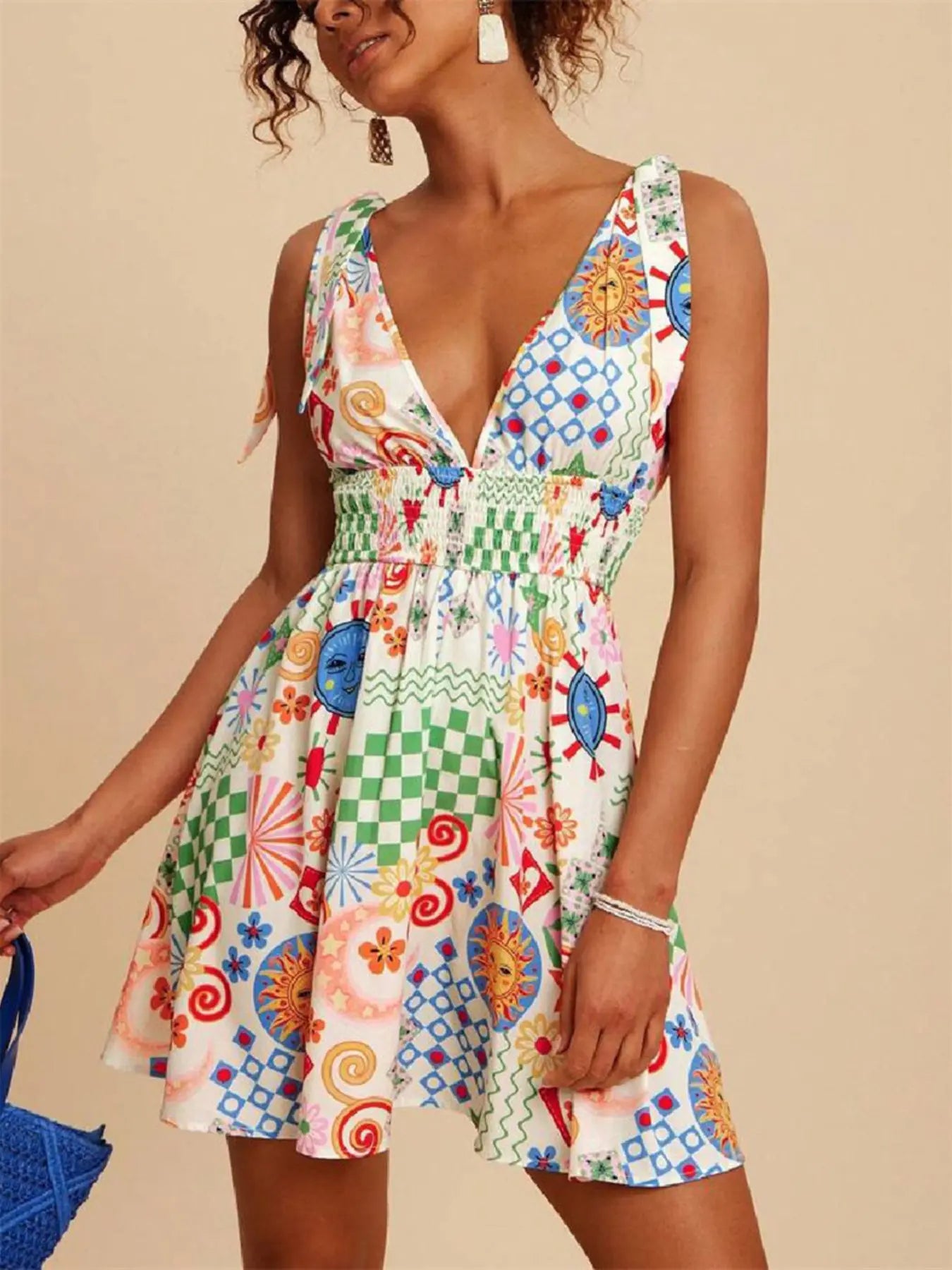V-Neck Sleeveless Smocked Waist Printed Mini Dress  Style Ratio
