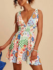 V-Neck Sleeveless Smocked Waist Printed Mini Dress  Style Ratio