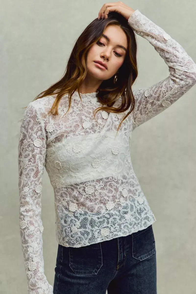SO ME Lace 3d Effect Floral Layering Long Sleeve Top  Style Ratio