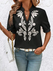 Embroidered Notched Short Sleeve Blouse  Style Ratio