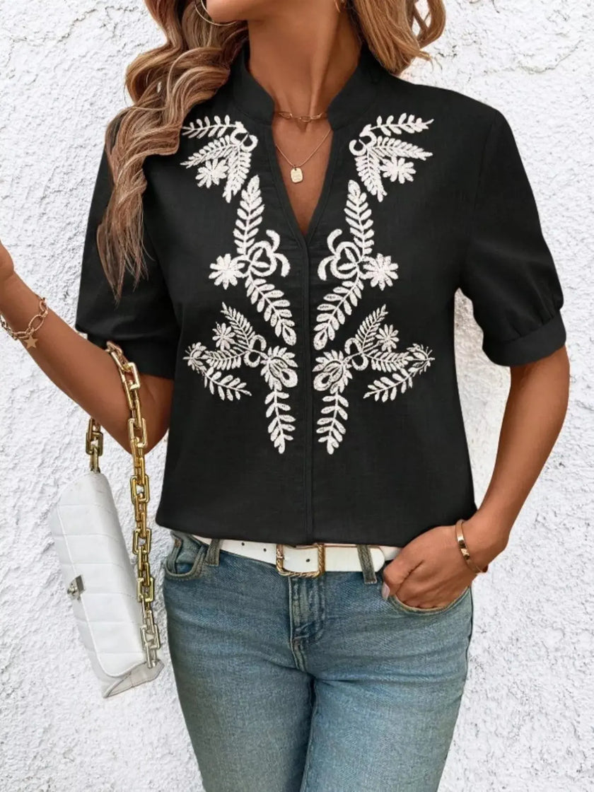Embroidered Notched Short Sleeve Blouse  Style Ratio
