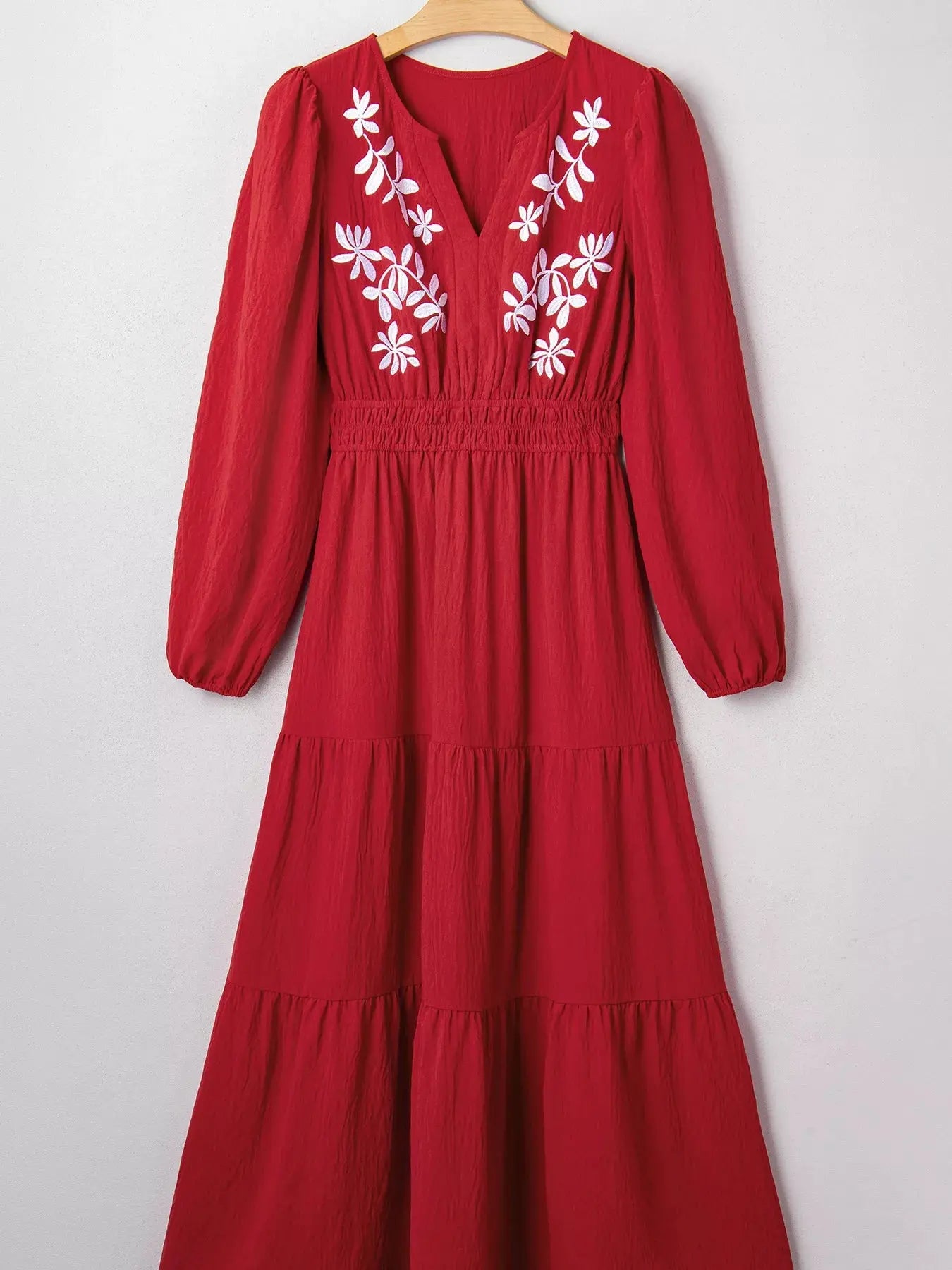 Contrast Embroidered Detail Cinched Waist Tiered Long Sleeve Maxi Dress  Style Ratio