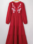 Contrast Embroidered Detail Cinched Waist Tiered Long Sleeve Maxi Dress  Style Ratio