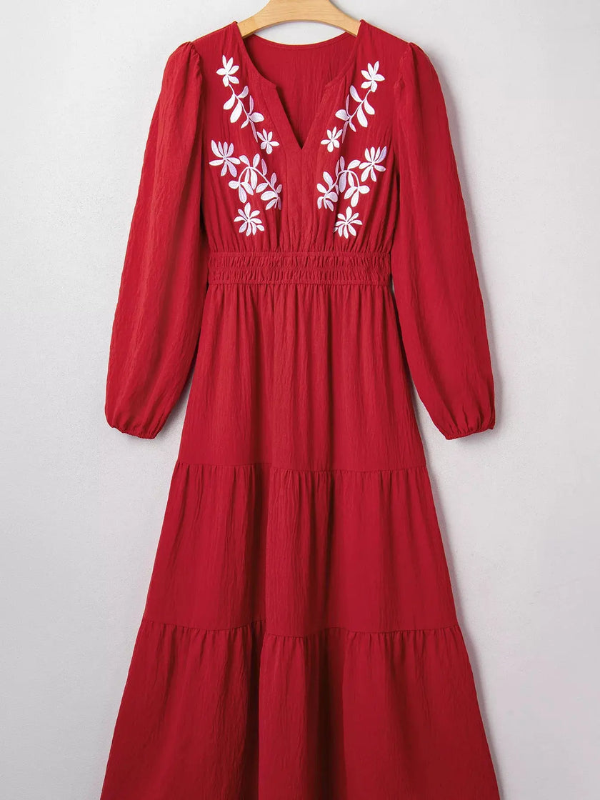 Contrast Embroidered Detail Cinched Waist Tiered Long Sleeve Maxi Dress  Style Ratio