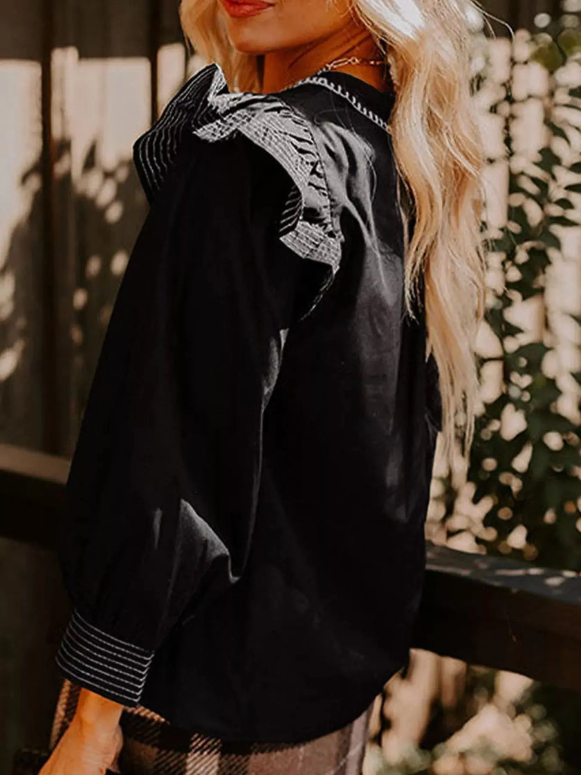 Ruffled Notched Long Sleeve Blouse  Style Ratio