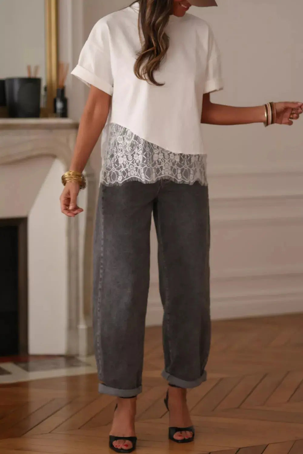 Asymmetric Lace Hem Patchwork Tee  Style Ratio