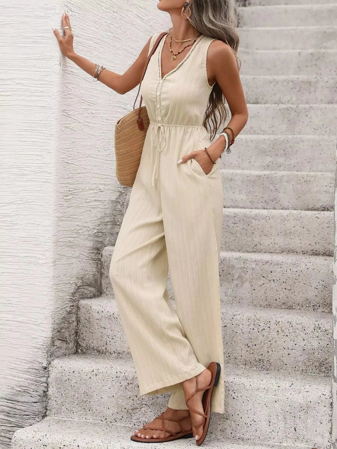 V-Neck Drawstring Waist Wide Leg Jumpsuit  Style Ratio