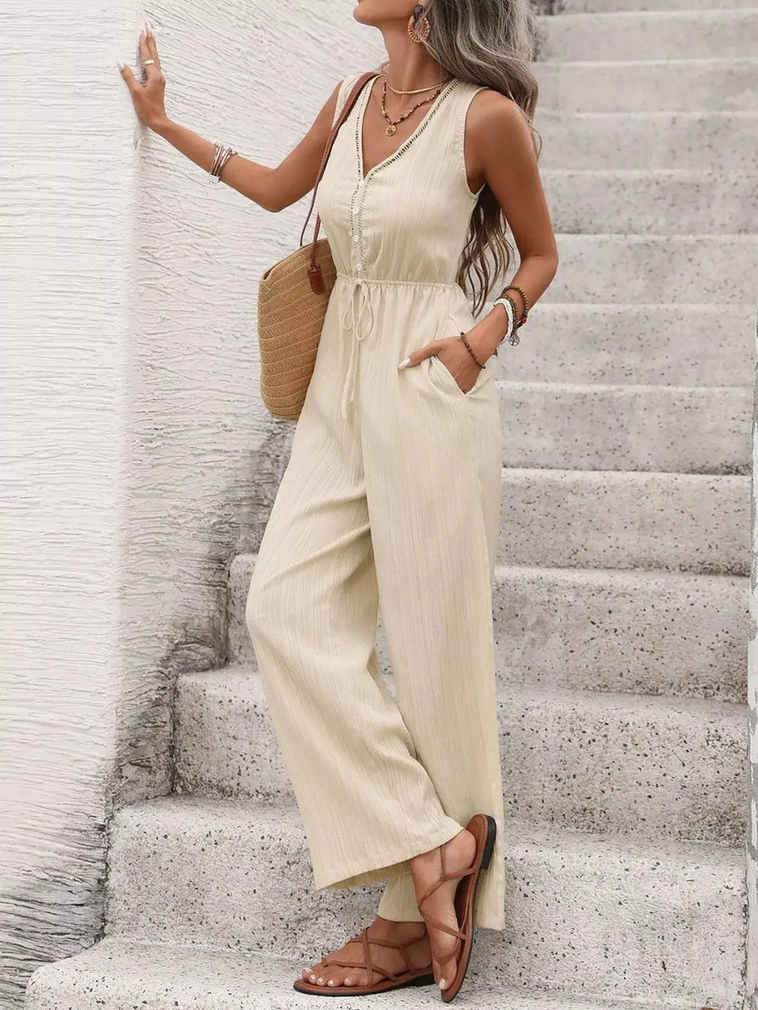 V-Neck Drawstring Waist Wide Leg Jumpsuit  Style Ratio