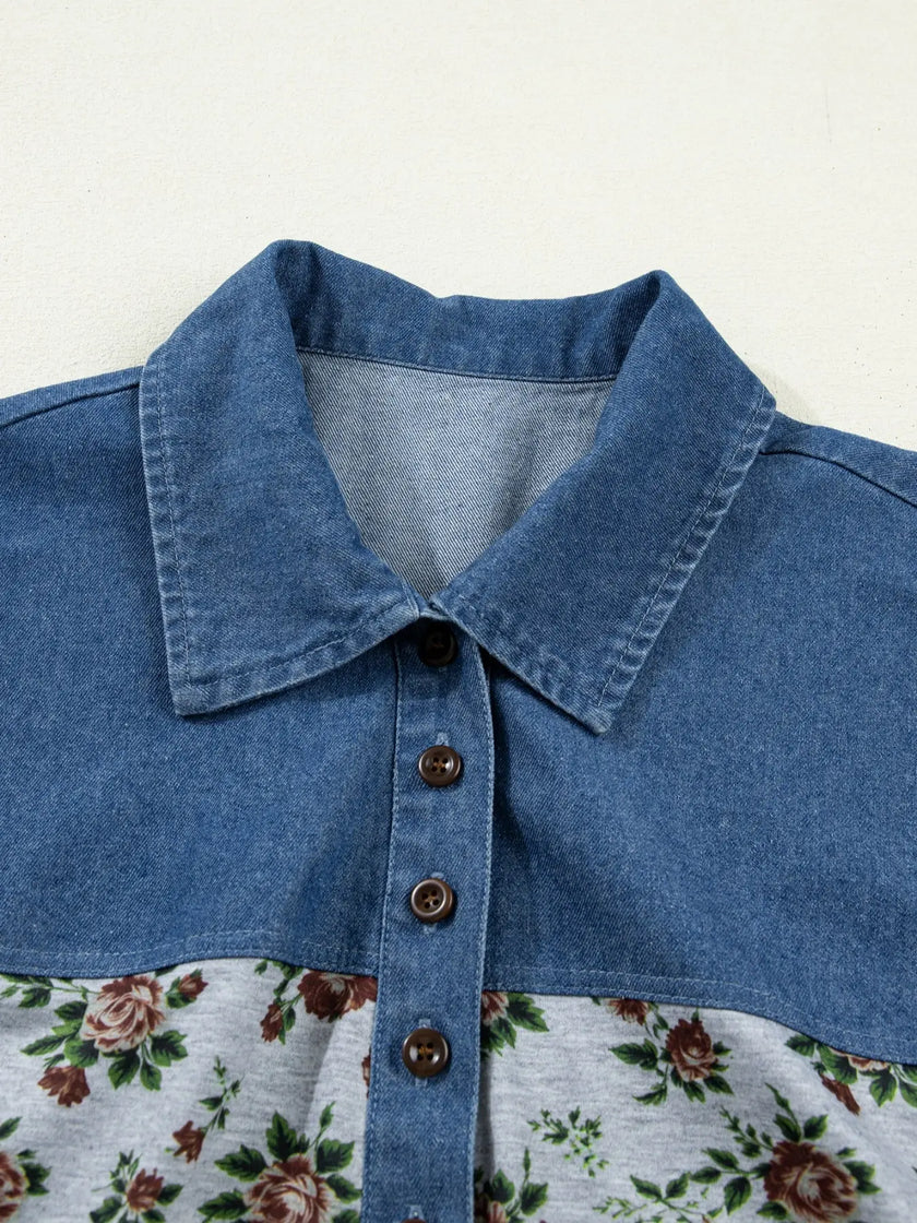 Floral Print Denim Patchwork Shirt  Style Ratio