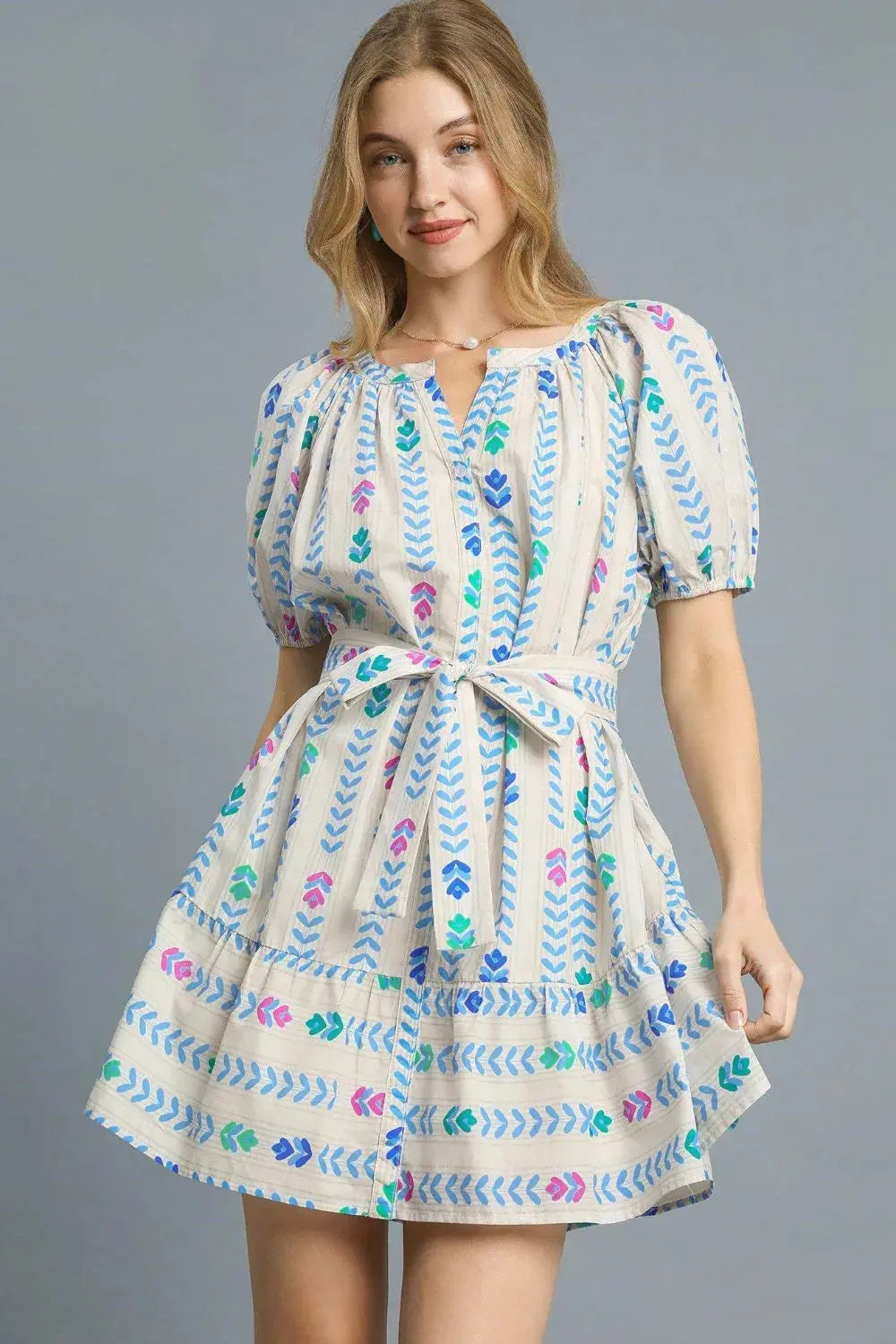 Umgee Printed Tie Waist Puff Short Sleeve Mini Dress  Style Ratio