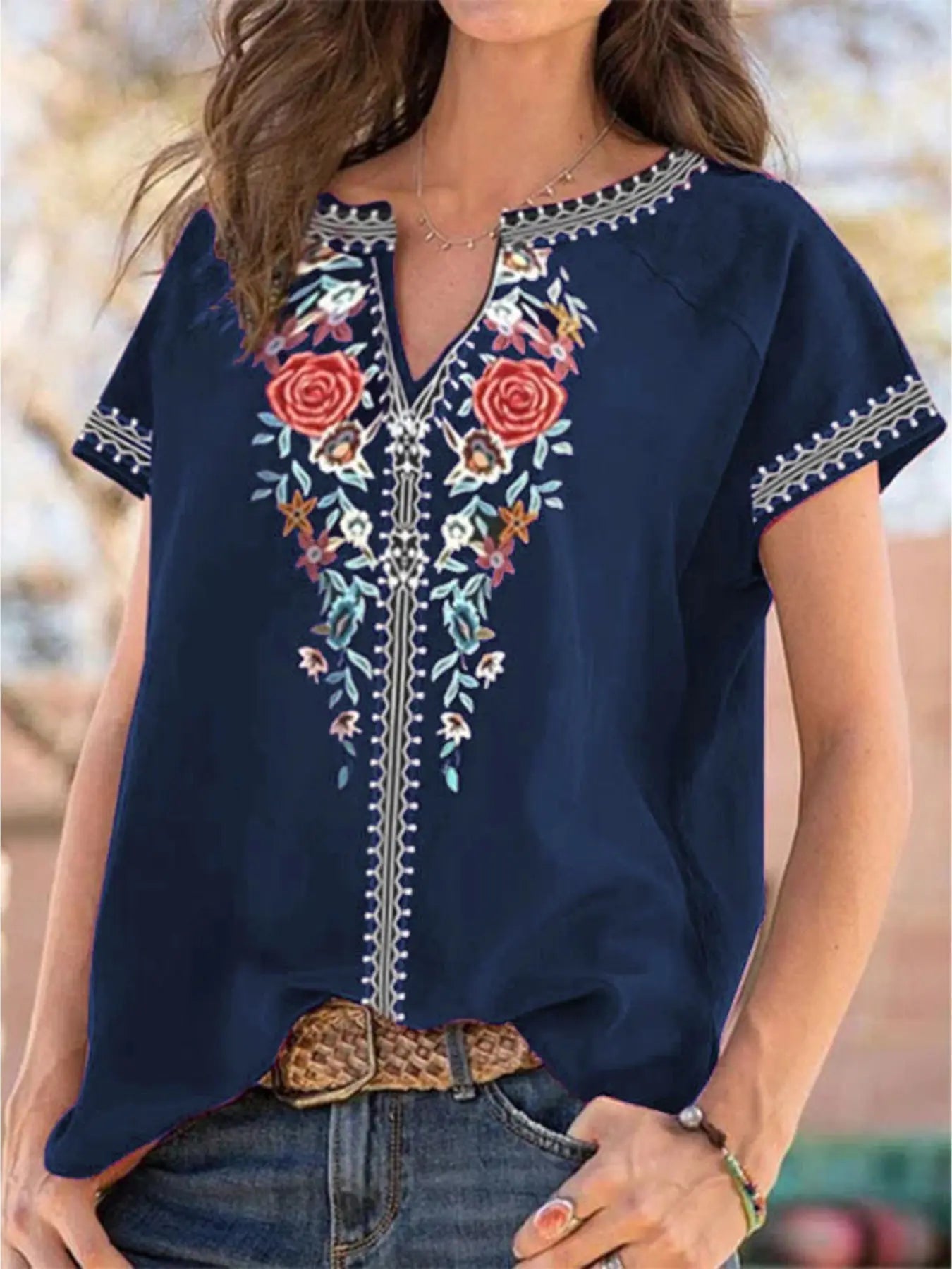 Full Size Floral Notched Short Sleeve Blouse  Style Ratio