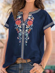 Full Size Floral Notched Short Sleeve Blouse  Style Ratio
