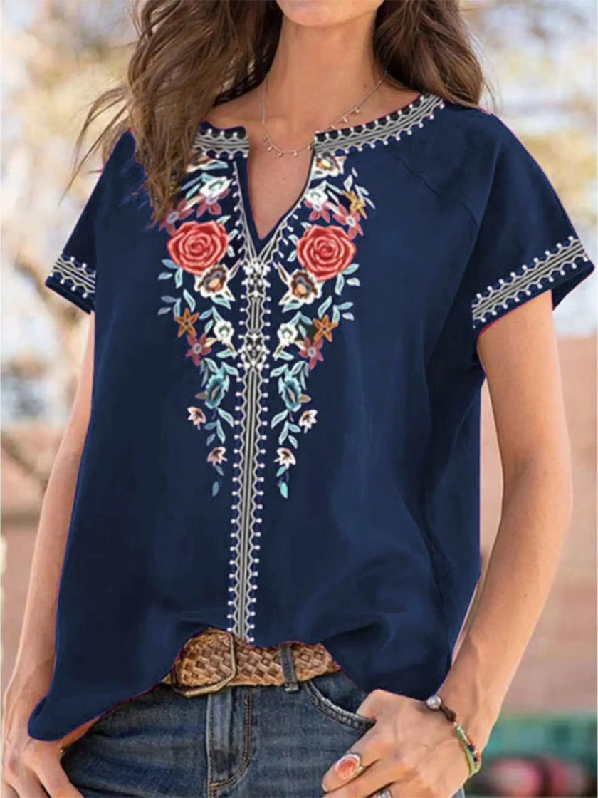 Full Size Floral Notched Short Sleeve Blouse  Style Ratio