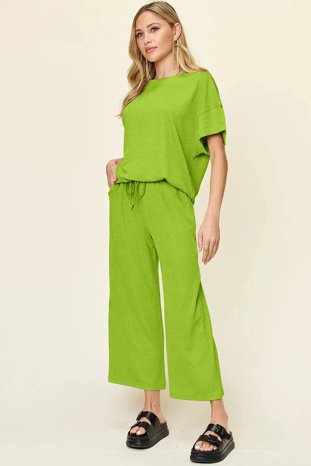 Double Take Texture Round Neck Short Sleeve Shirt and Wide Leg Pants  Style Ratio