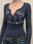 Letter Graphic Button Detail Long Sleeve Shirt  Style Ratio