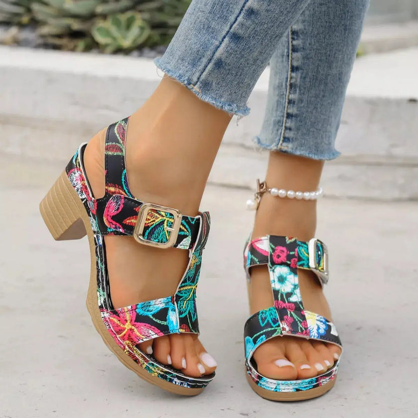 Floral Print Buckle Ankle Strap Block Heel Sandals  Style Ratio