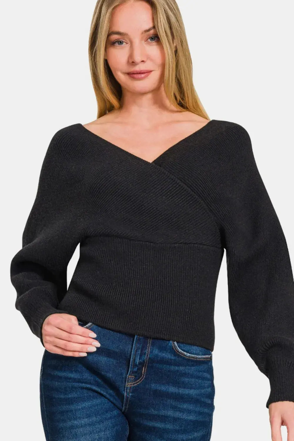 Zenana Cross Wrap Rib Long Sleeve Sweater  Style Ratio