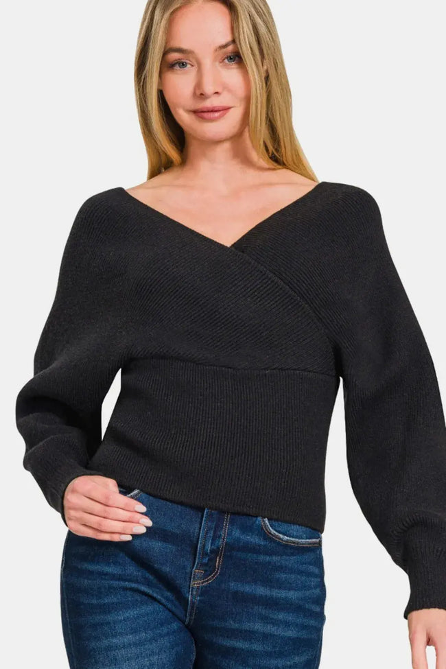 Zenana Cross Wrap Rib Long Sleeve Sweater  Style Ratio