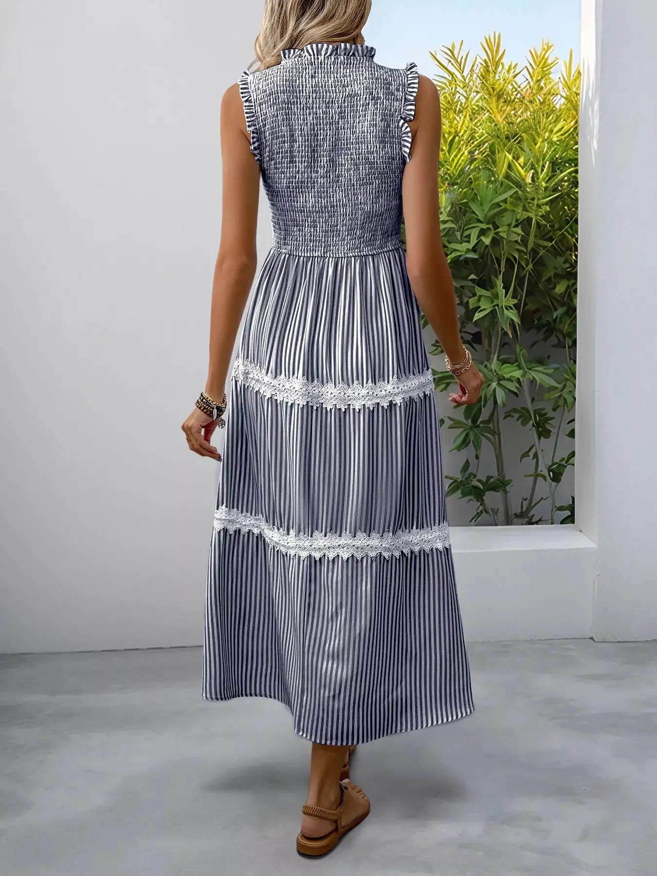 Smocked Striped Lace Trim Sleeveless Midi Dress  Style Ratio