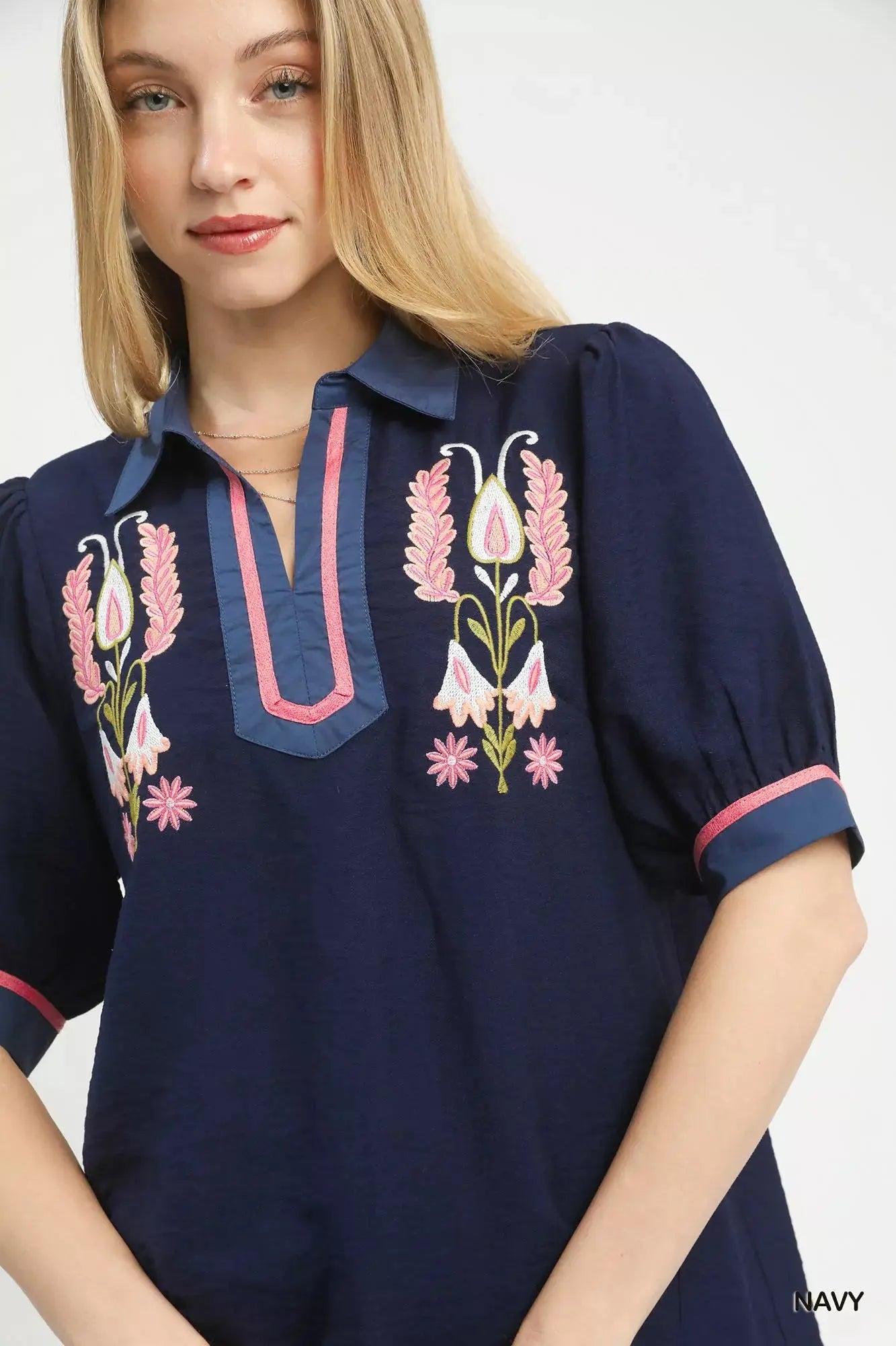 Umgee Embroidered Puff Sleeve Contrast Trim Top  Style Ratio