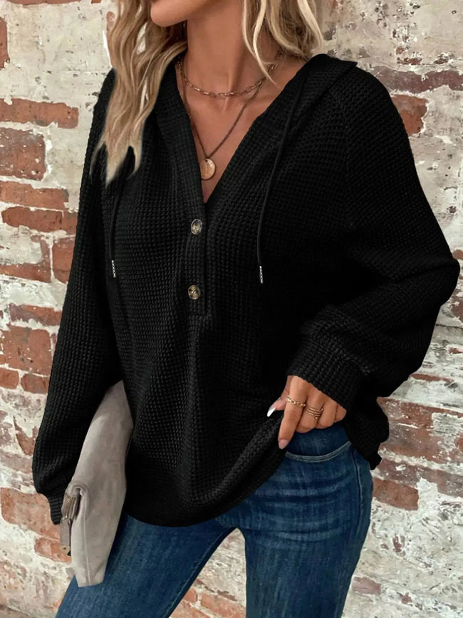 Full Size Button Detail Waffle Knit Hoodie  Style Ratio