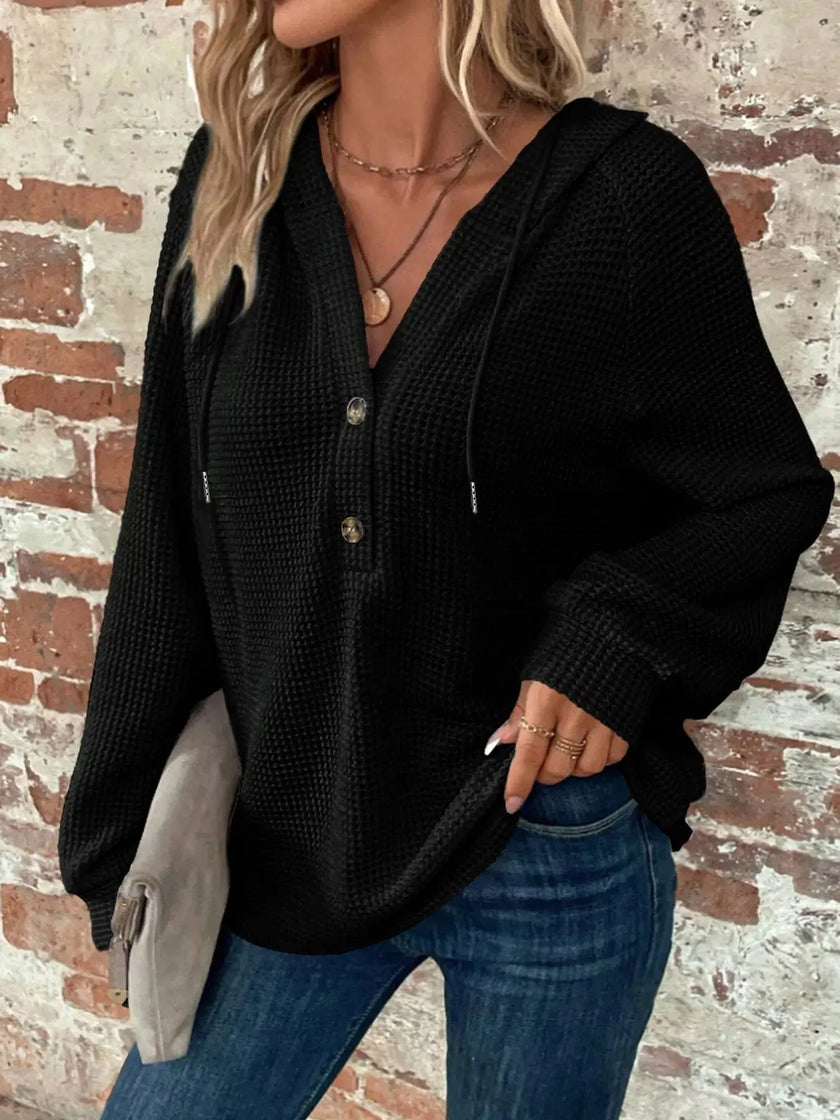 Full Size Button Detail Waffle Knit Hoodie  Style Ratio