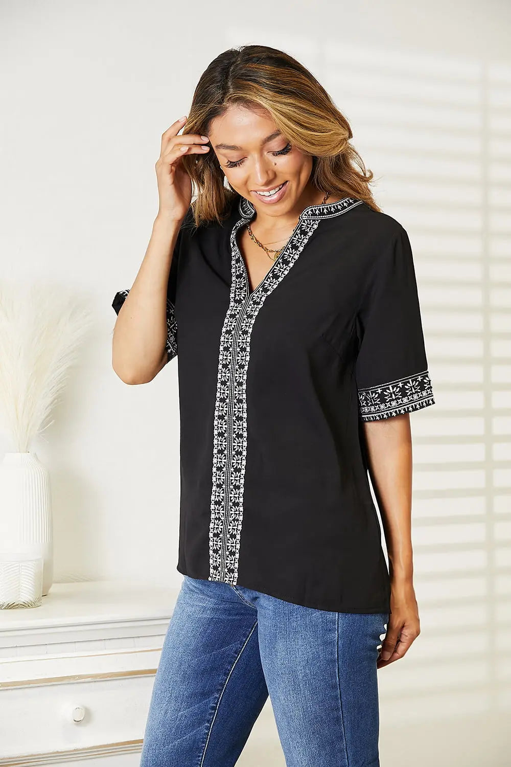 Double Take Embroidered Notched Neck Blouse  Style Ratio