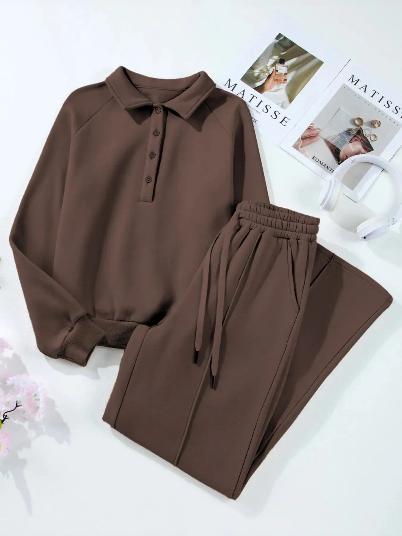 Collared Sweatshirt and High Waist Pants Active Set  Style Ratio
